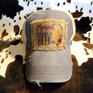 Mama Needs A Beer Gray Criss Cross Ponytail Patch Hat